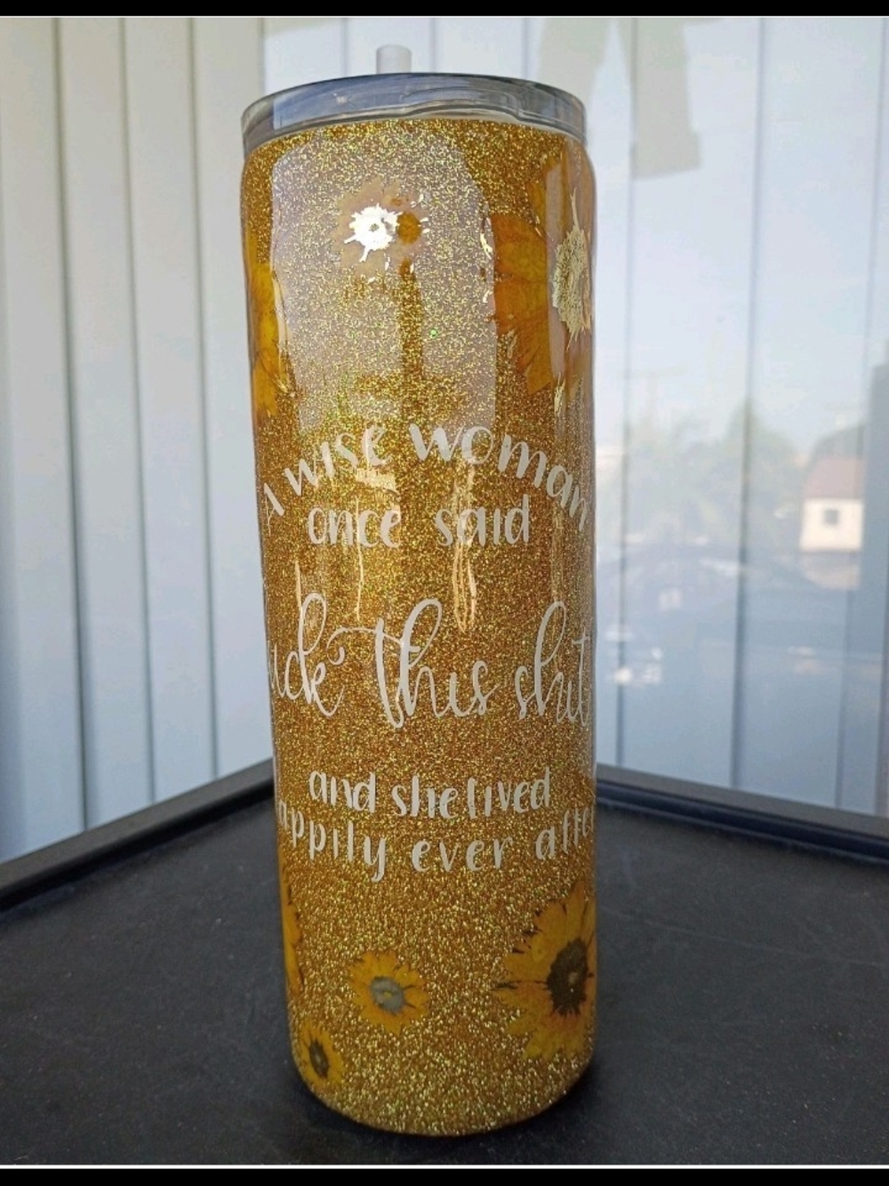 Gold Glitter Sunflower Floral Stainless Steel Tumbler 32 oz w/ Straw Lid